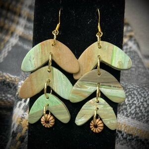 Green and Tan Leaf Dangle Earrings with Gold Accents